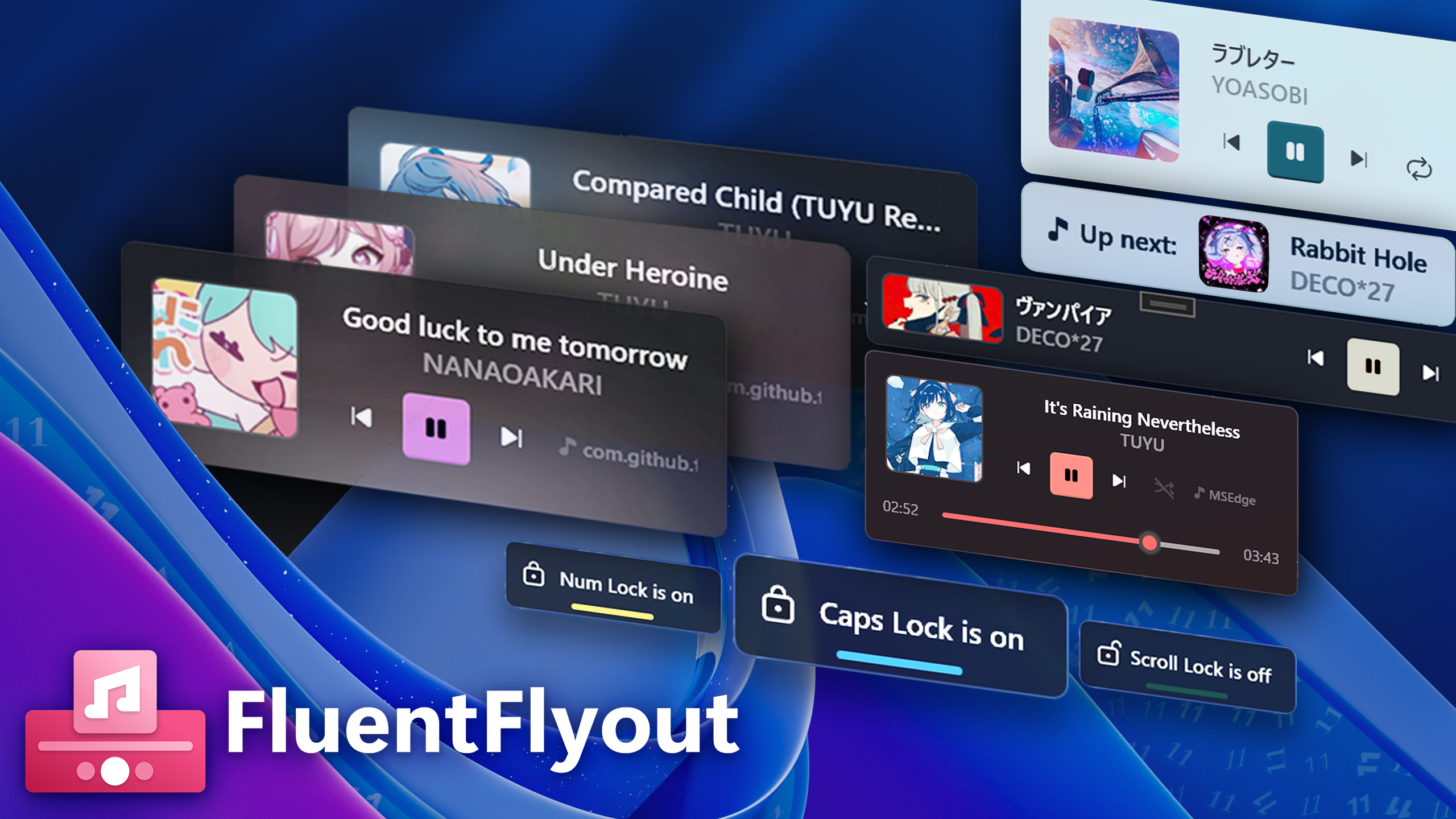 FluentFlyout hero - volume and media flyout on Windows 11